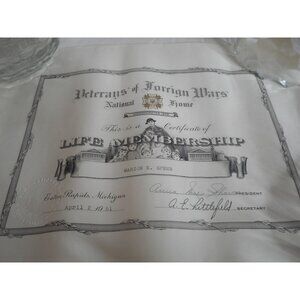 Vintage 1951 Veterans of Foreign Wars Life Membership Certificate 9.5 x 12"